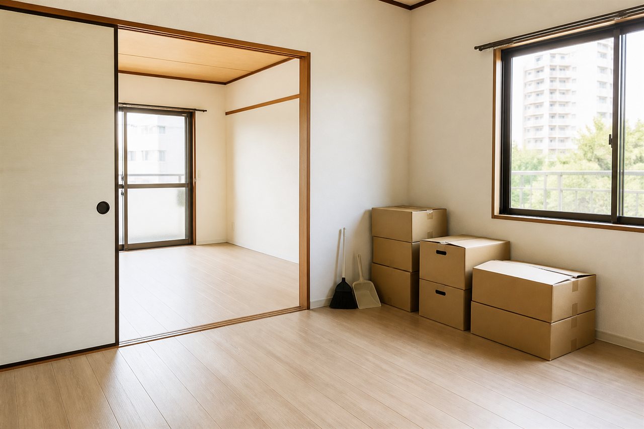 遺品整理後に清掃され、必要な箱だけが残った名古屋市の室内