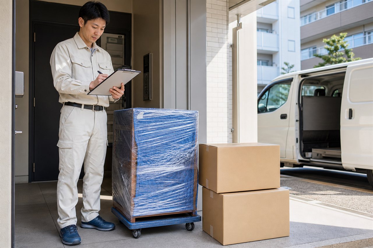 不用品整理の対象を確認し、台車で安全に運び出す準備をするスタッフ