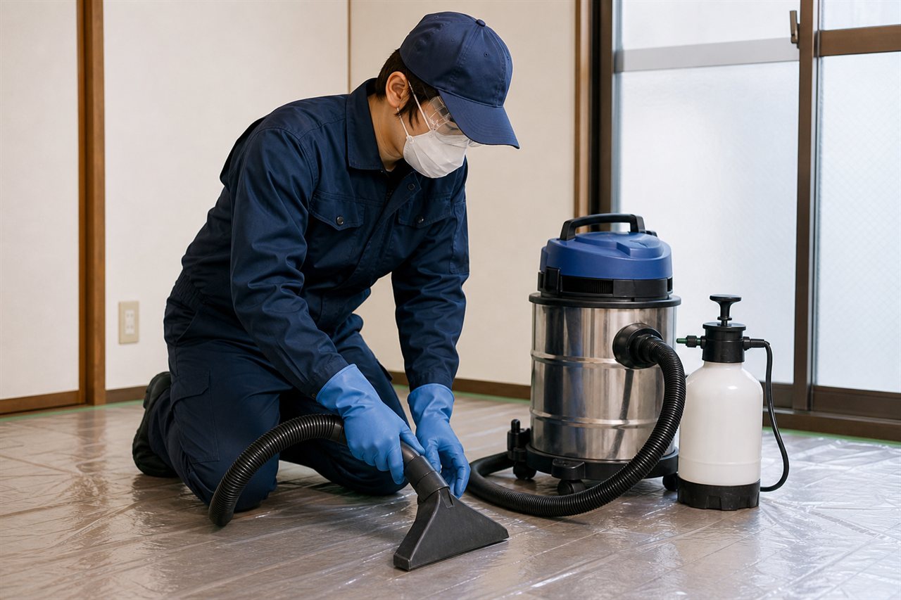防護具を着用し、専用機材で室内を清掃する特殊清掃スタッフ