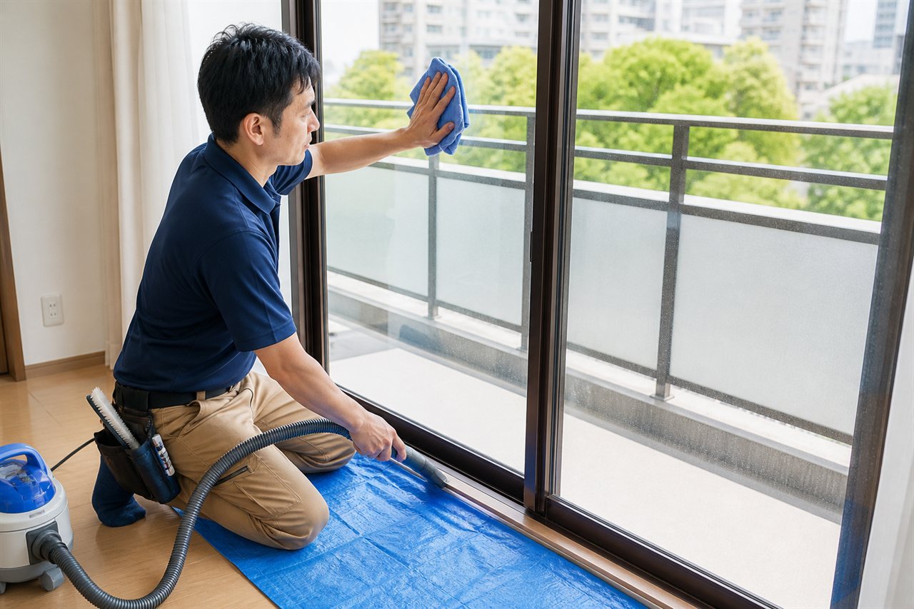 窓ガラスとサッシ溝を同時に清掃するスタッフ