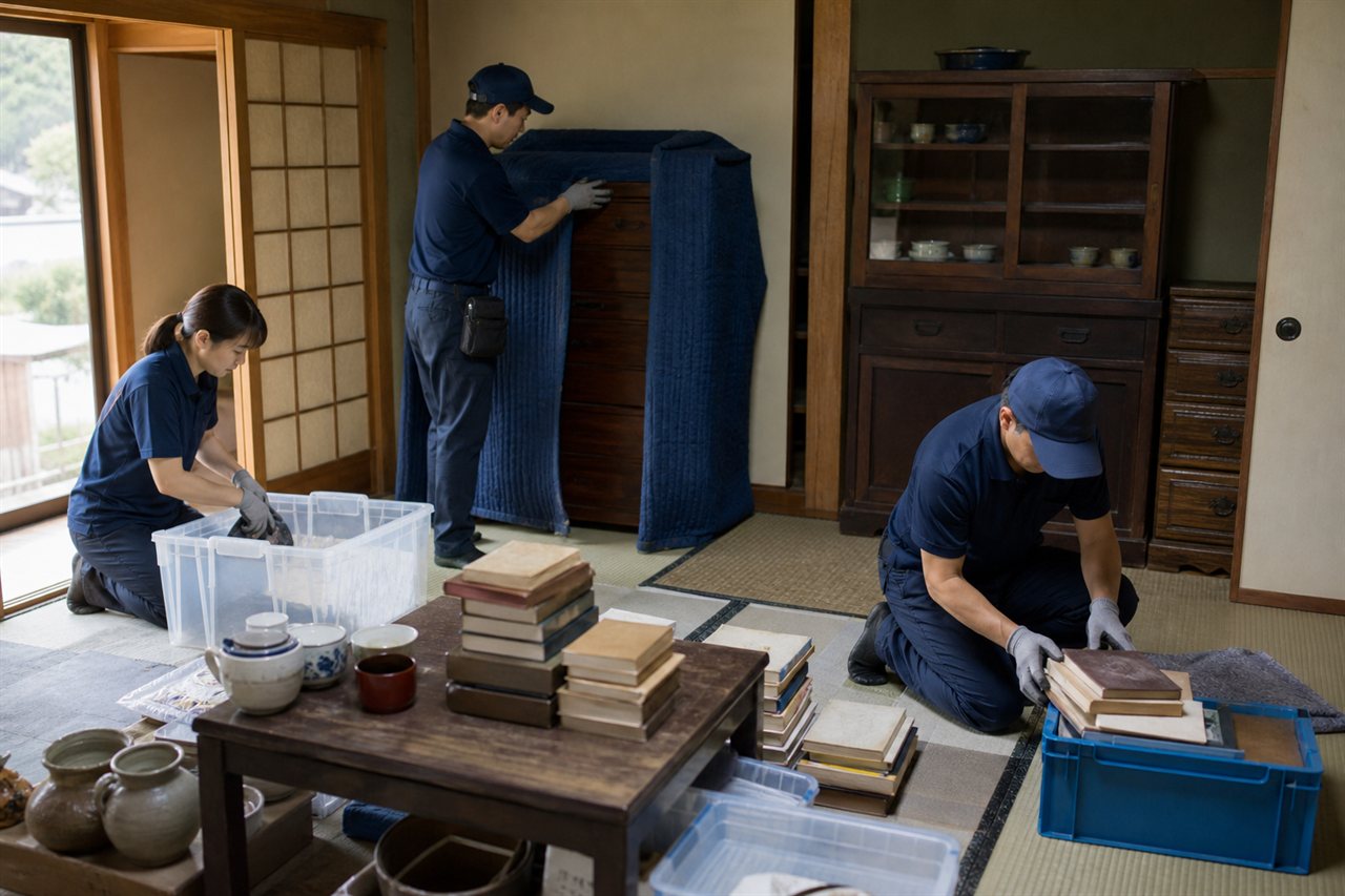 津島市の空き家で家具を保護し、本や食器を丁寧に仕分ける様子
