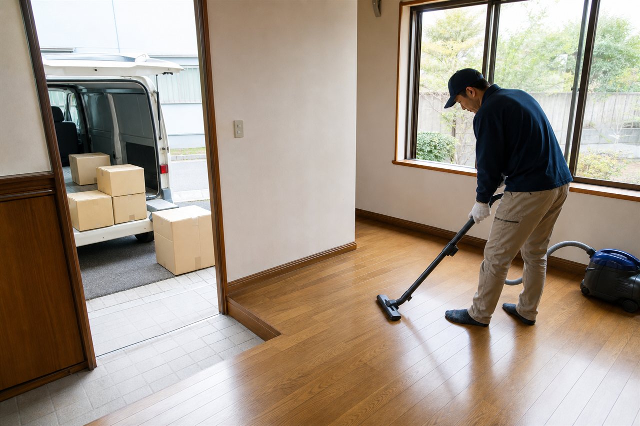不用品整理後の床を掃除し、箱を車両へ積み込むスタッフ