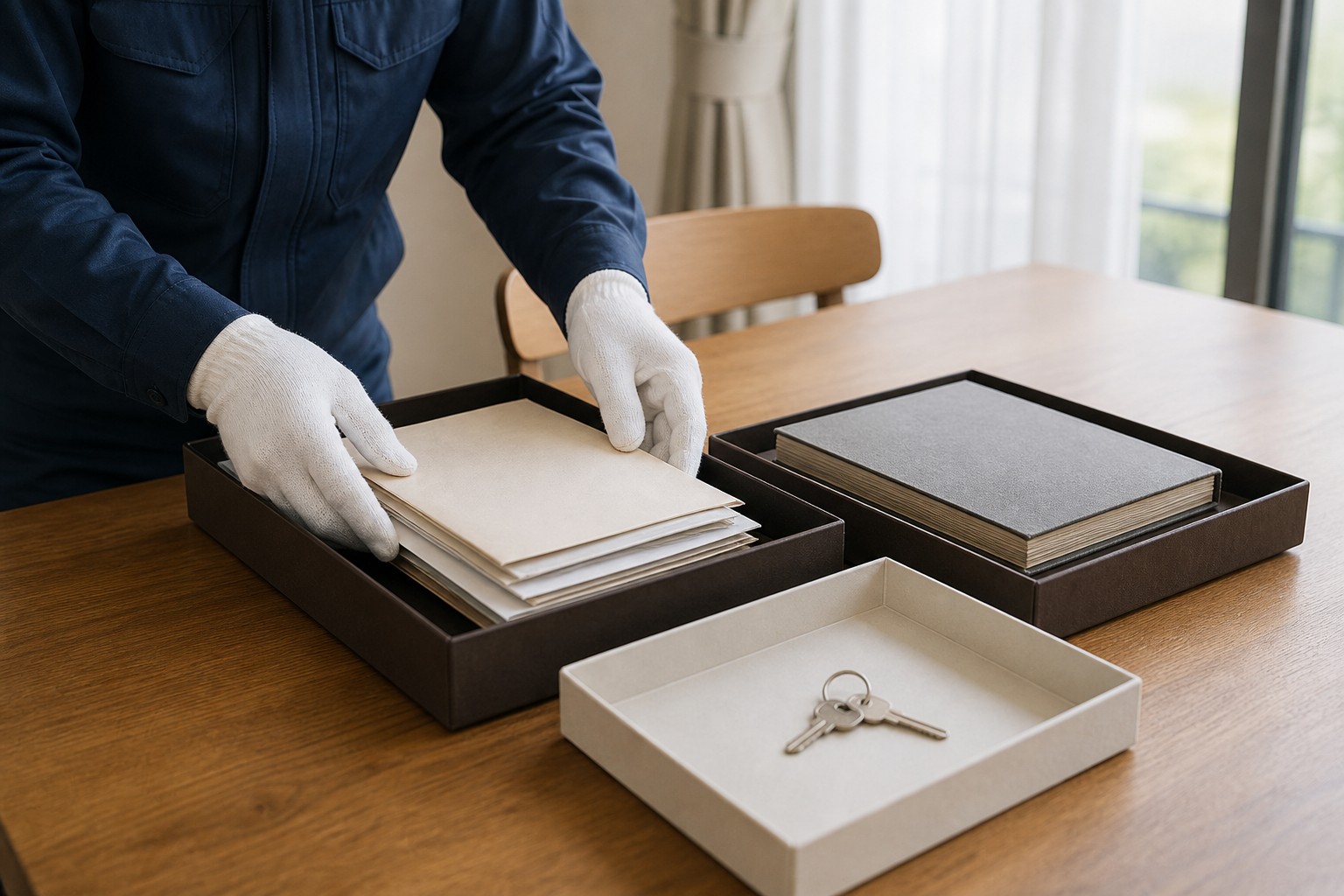 遺品整理で書類や鍵を丁寧に確認して仕分けする手元