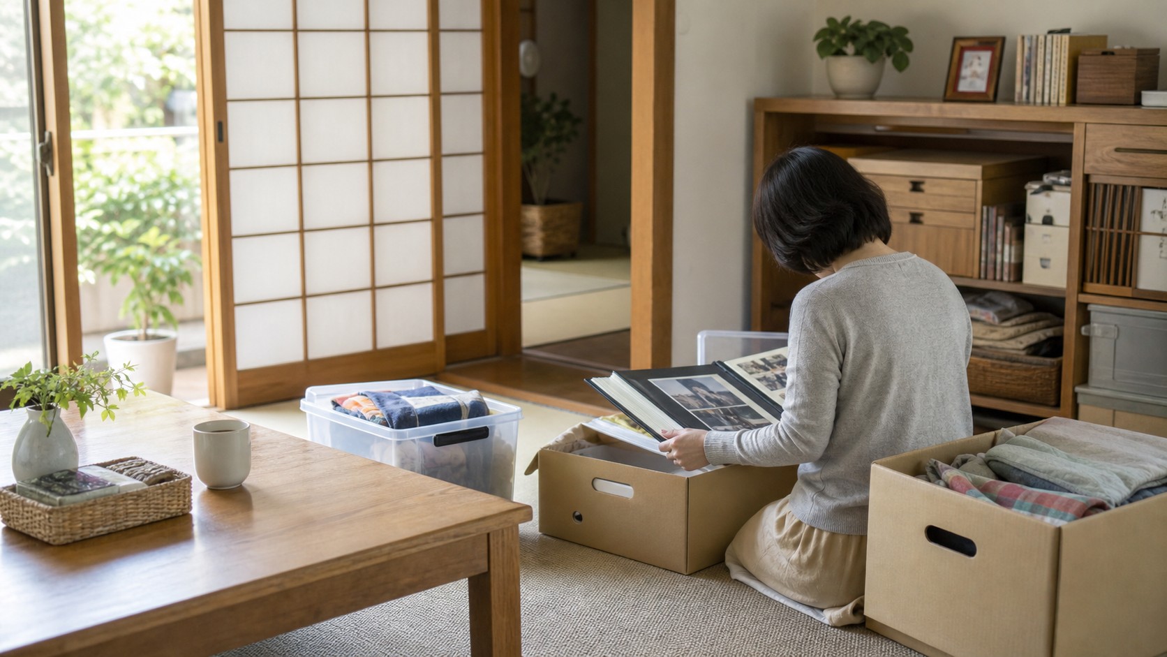 弥富市の実家で思い出の品を確認しながら片付けを始める様子