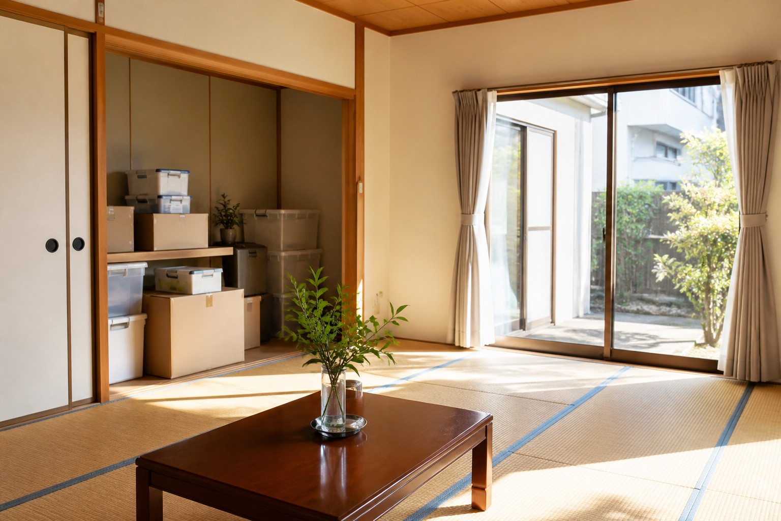 遺品整理後に明るく整えられた日本の居間
