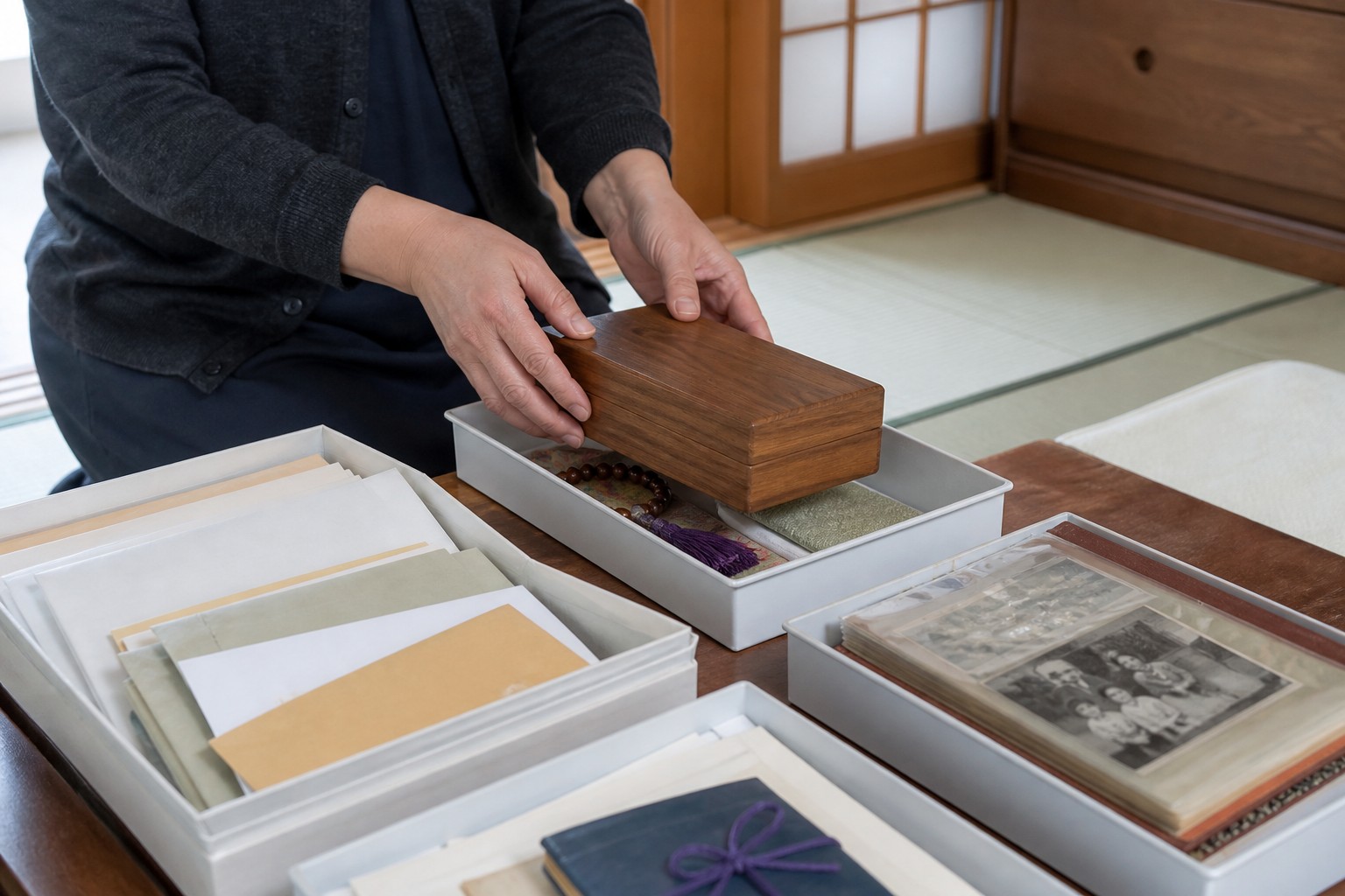 遺品の書類や思い出の品を分類して確認する手元