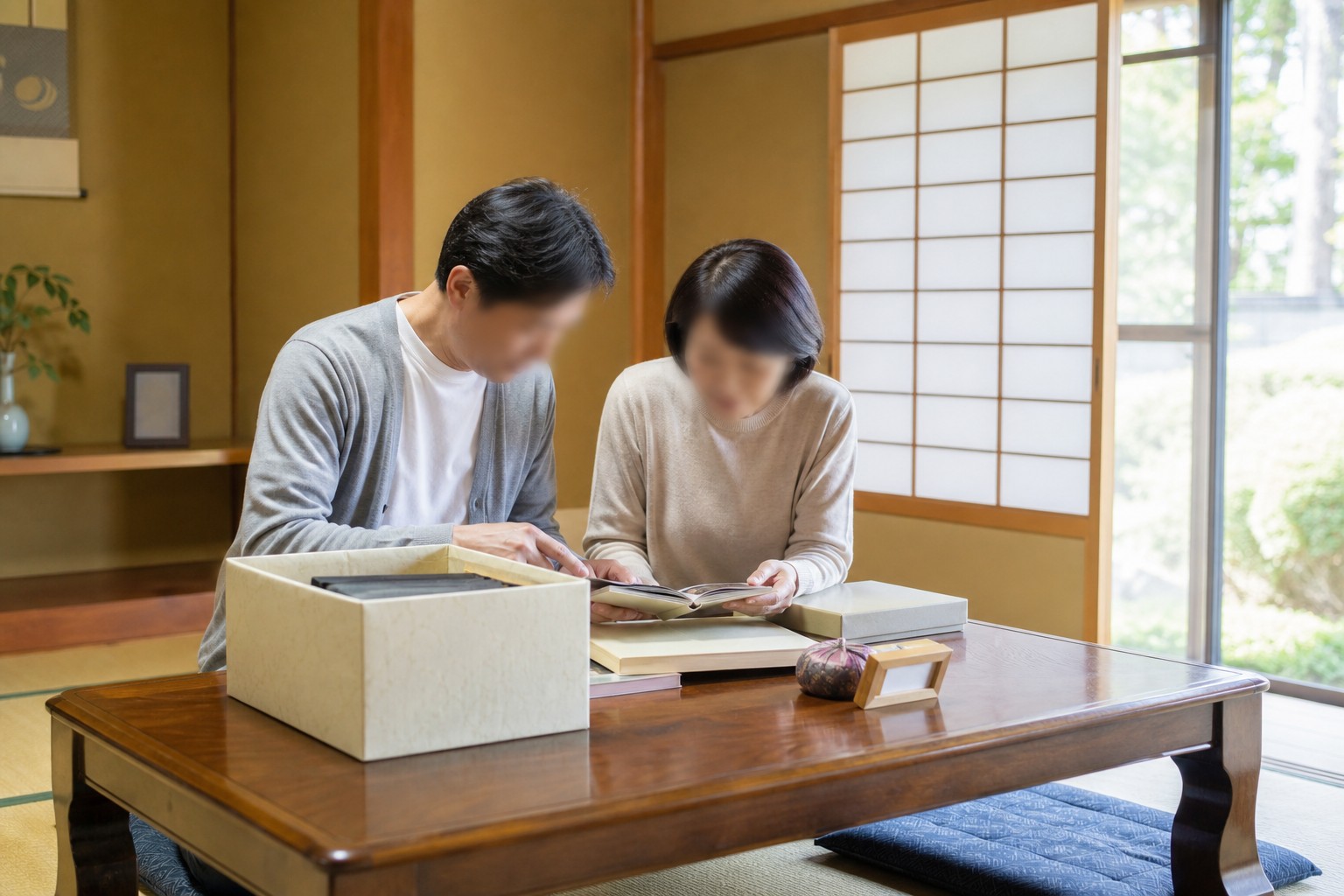 愛西市の住まいでご家族が遺品と思い出の品を確認する様子