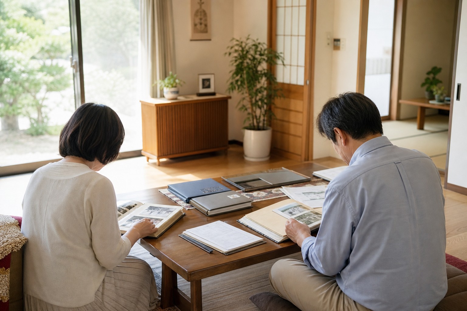 名古屋市中川区の住まいでご家族が写真アルバムと書類を確認する様子