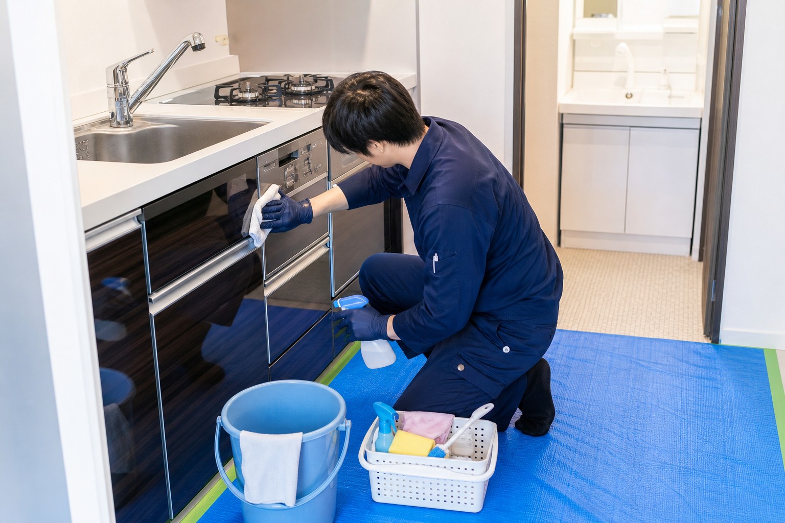 整理された清掃道具を使い、キッチンの表面を丁寧に清掃する作業のイメージ