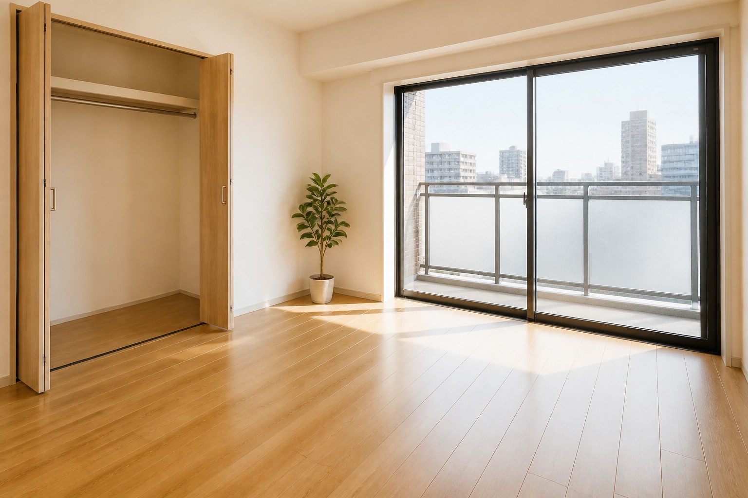片付け後に床と収納が見えるよう整い、次の暮らしの準備がしやすくなった明るい室内のイメージ