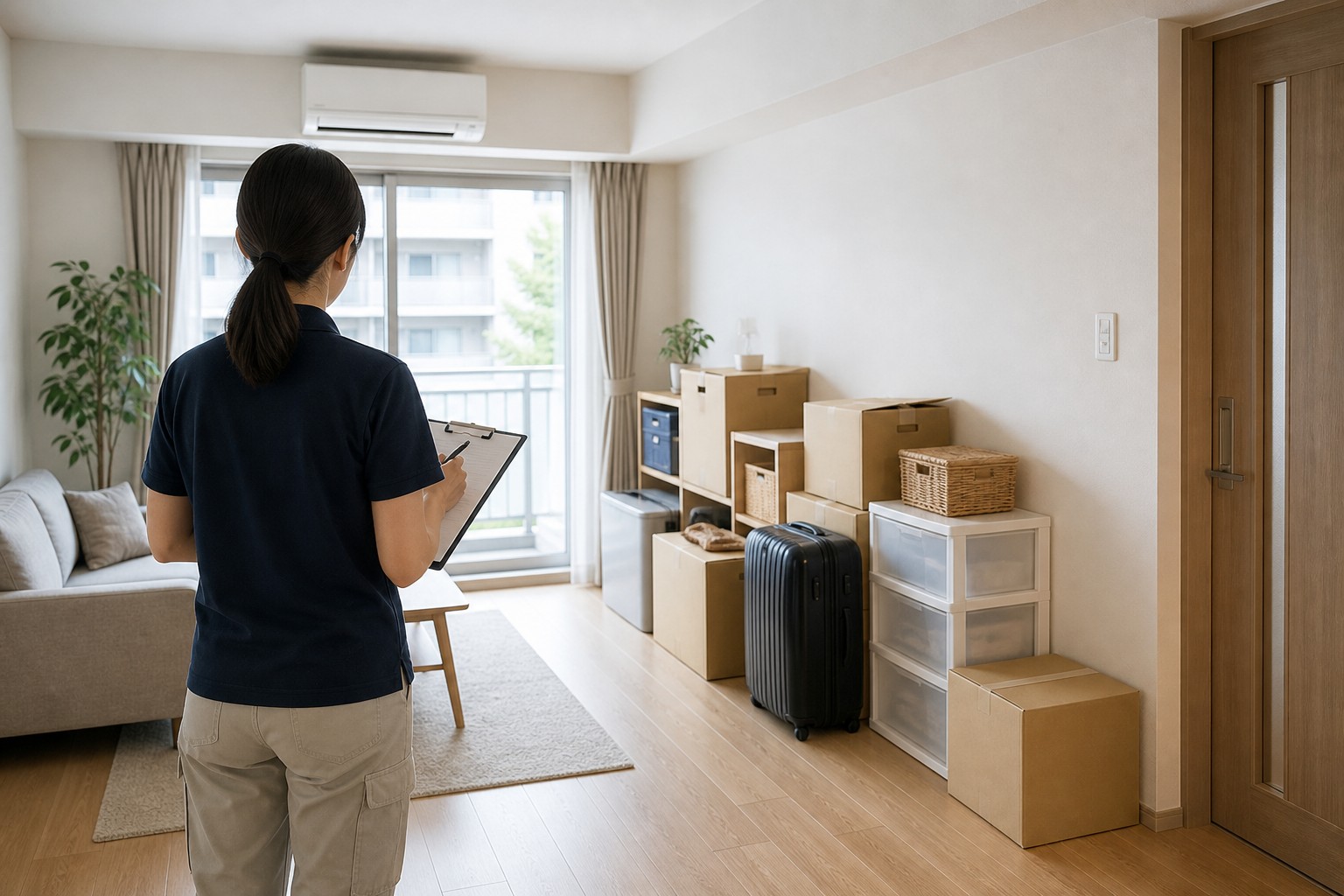 名古屋市東区の住まいで、片付けを始める前に室内と荷物を落ち着いて確認する様子のイメージ