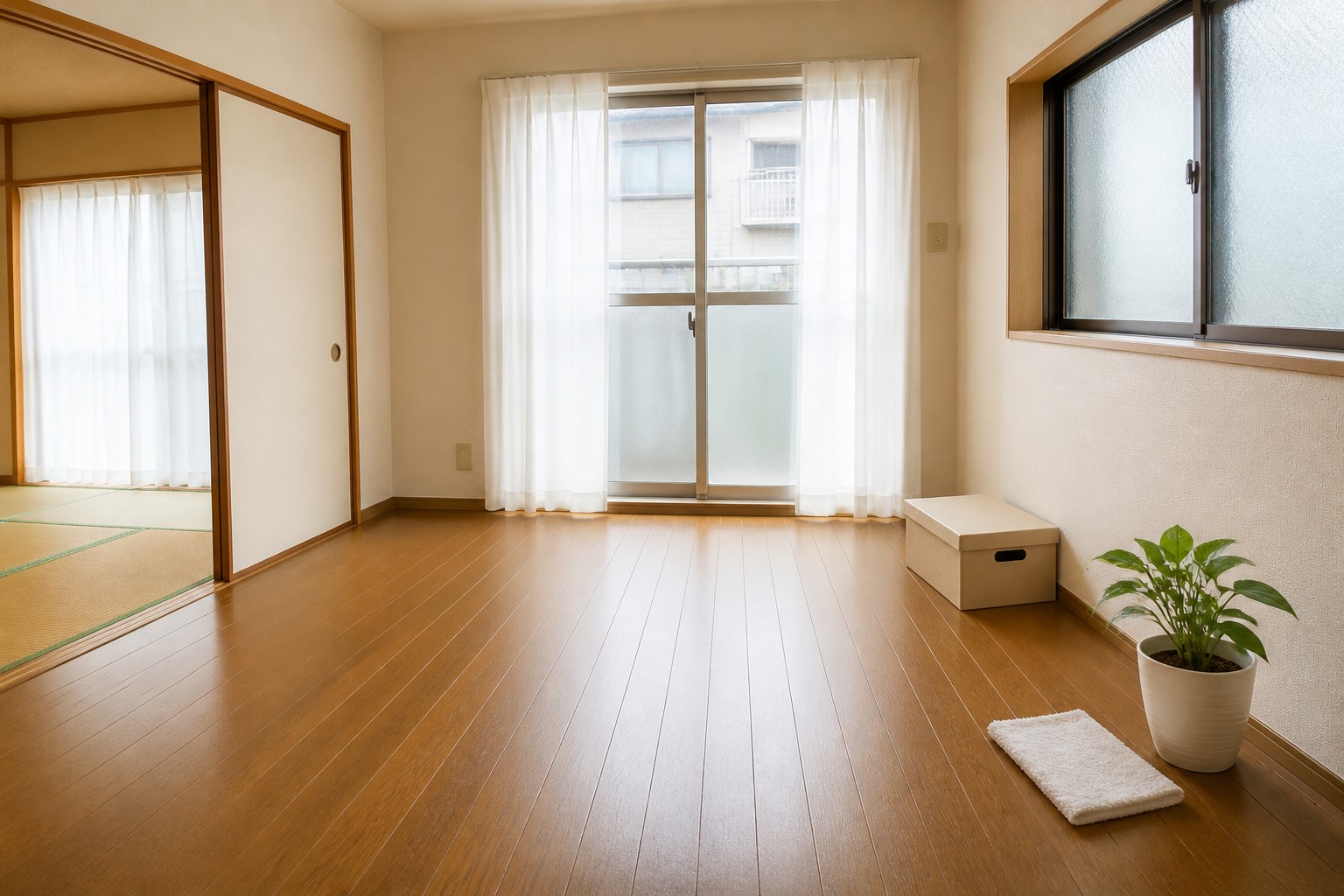清掃後に自然光が入る、落ち着いて使えるよう整えられた日本の住まいの室内イメージ