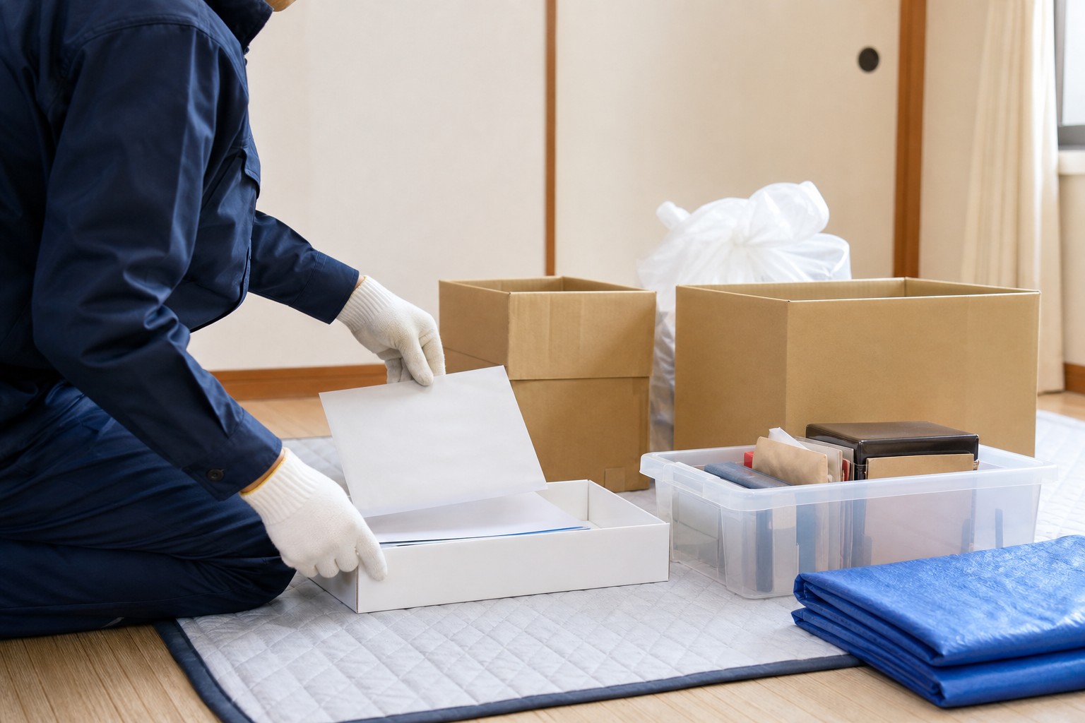 手袋を着用した作業者が、書類と日用品を分けて安全な作業場所に整理するイメージ