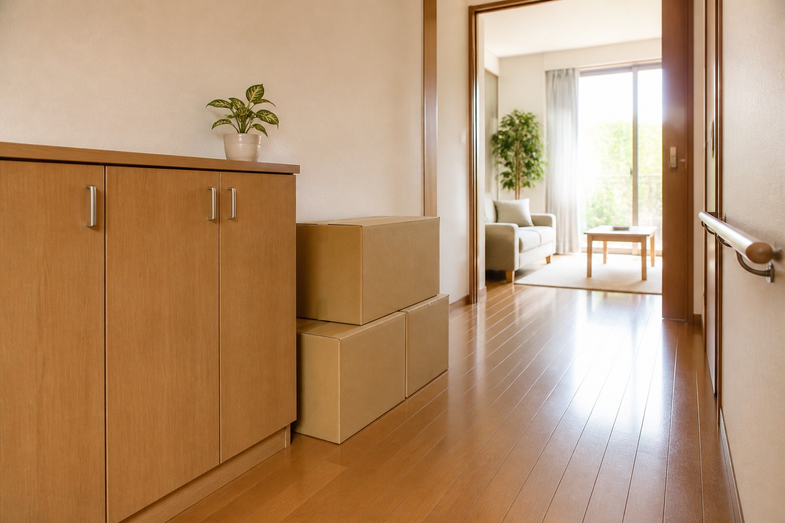 通りやすい動線と必要な箱だけを残して、明るく整えられた日本の住まいの廊下のイメージ