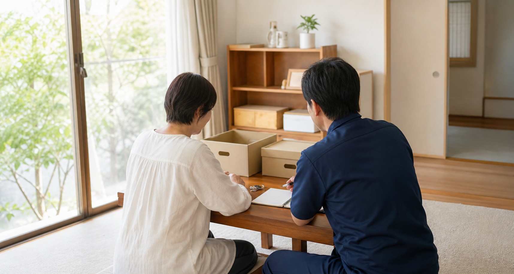 名古屋市瑞穂区の住まいで、ご家族と支援スタッフが片付けの進め方を落ち着いて相談するイメージ