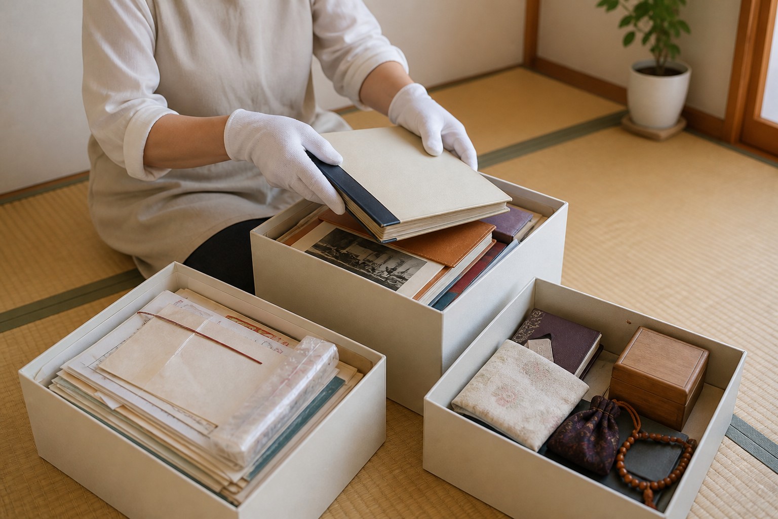 日本の住まいで、写真アルバムや書類、小物を無理なく分類している生前整理の説明用イメージ