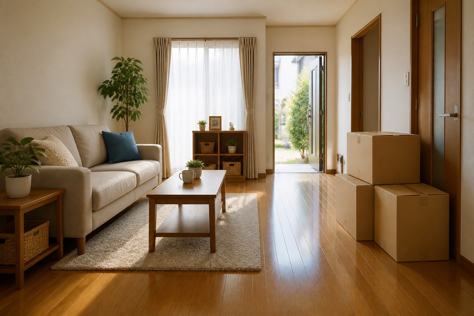 不用品整理後の日本の明るいリビングで、引っ越し前の安全な通り道が確保された説明用イメージ
