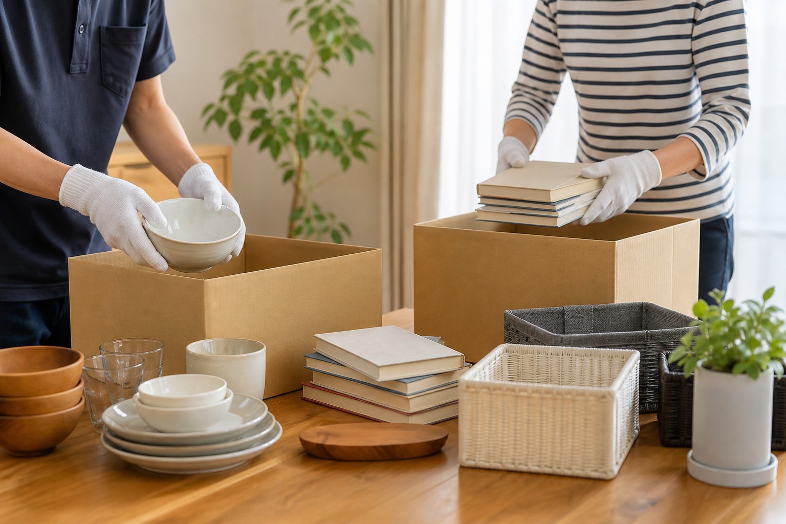 日本の住まいで、引っ越し前の不用品を箱ごとに落ち着いて仕分けする説明用イメージ