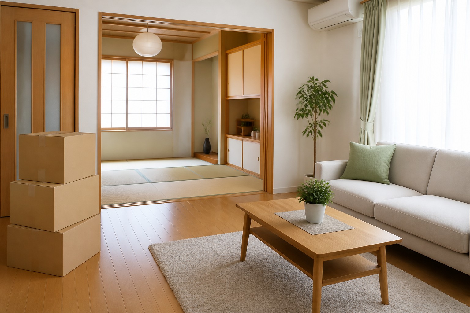 空き家整理後に安全な通り道が確保された、日本の明るいリビングの説明用イメージ