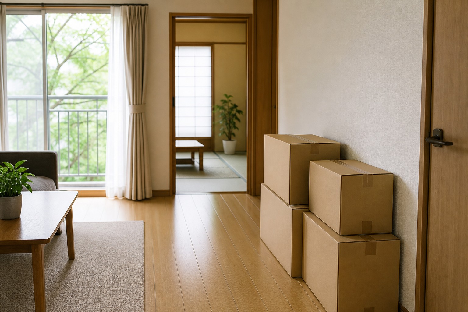 遺品整理後に安全な通り道と確認用の箱が整えられた日本の住まいの説明用イメージ