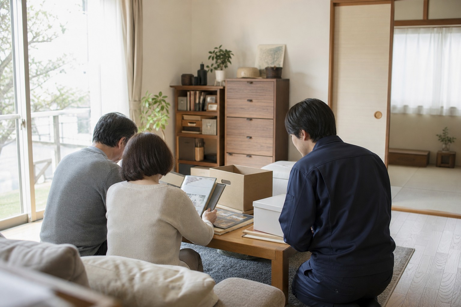 名古屋市千種区の住まいで、ご家族と支援スタッフが写真アルバムを前に確認する説明用イメージ