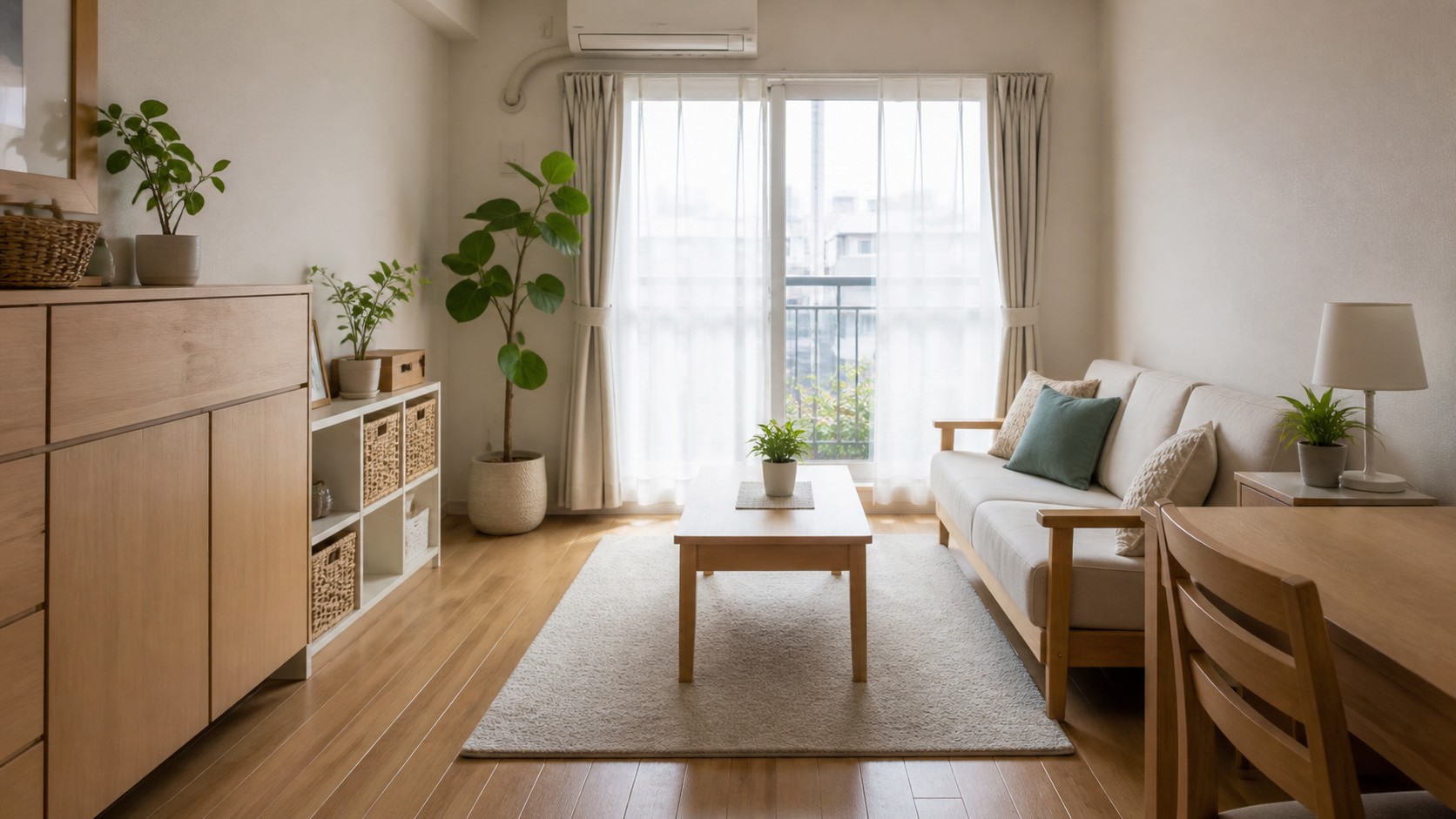 整理後に通路と低いテーブルが使いやすく整った、日本の住まいの明るいリビングの説明用イメージ