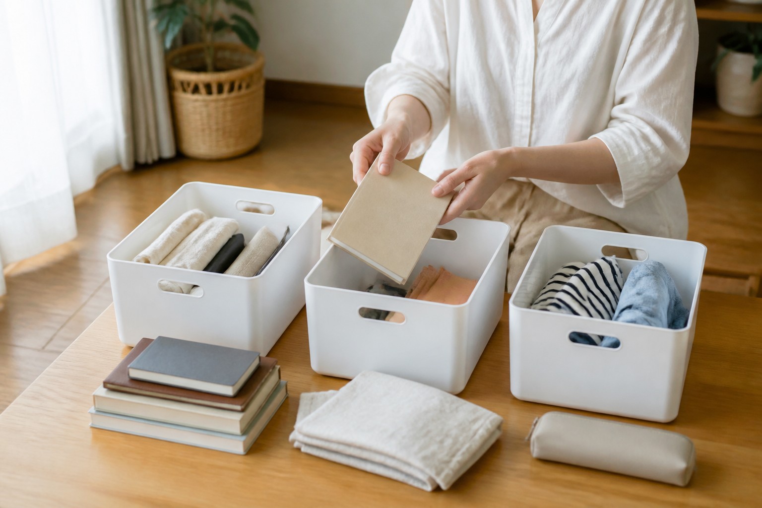 日本の住まいで、顔の写らない人が生活用品を保管用の箱に落ち着いて仕分ける説明用イメージ