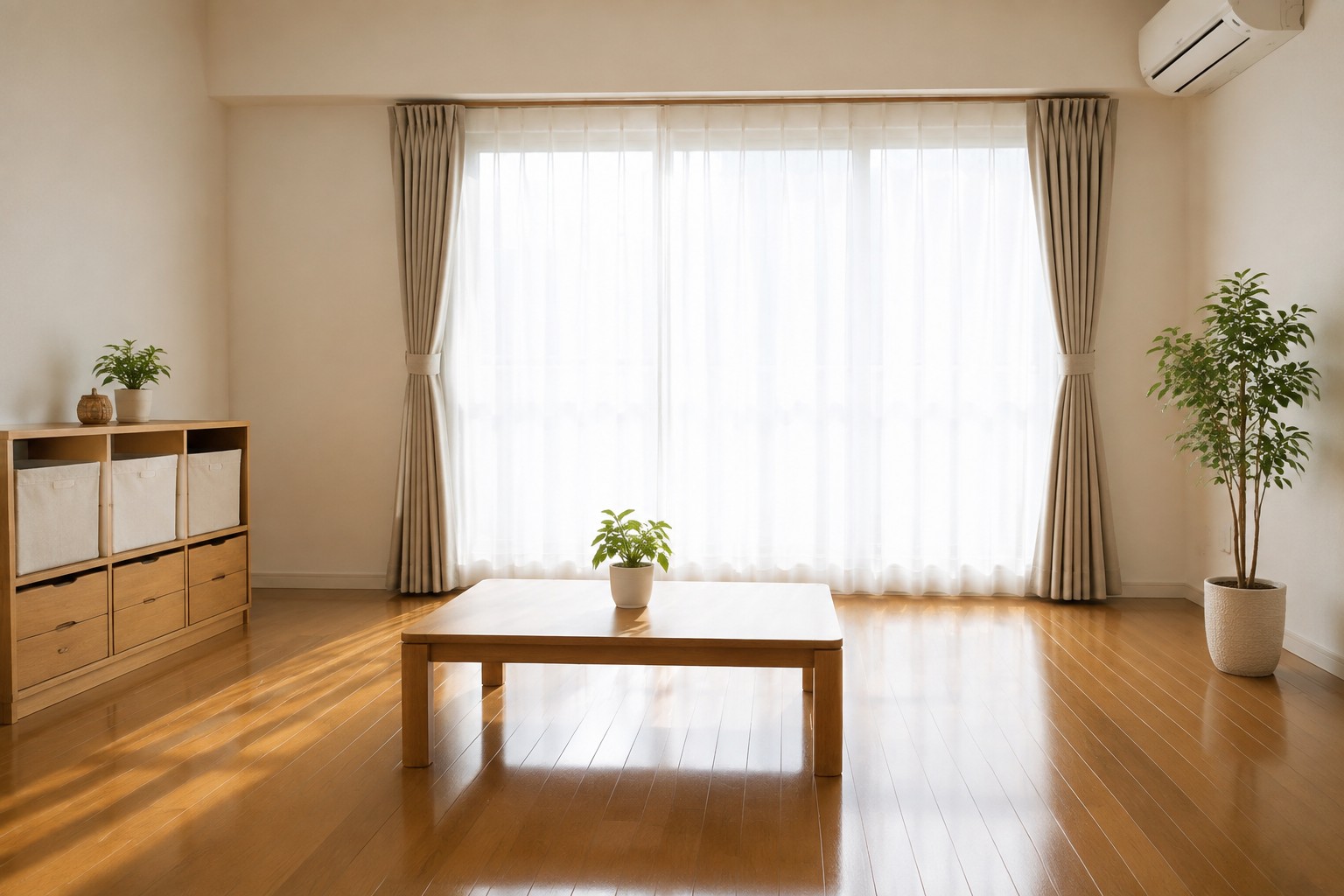 清掃と整理の後、通路と低いテーブルが使いやすく整った日本の住まいの明るいリビングの説明用イメージ