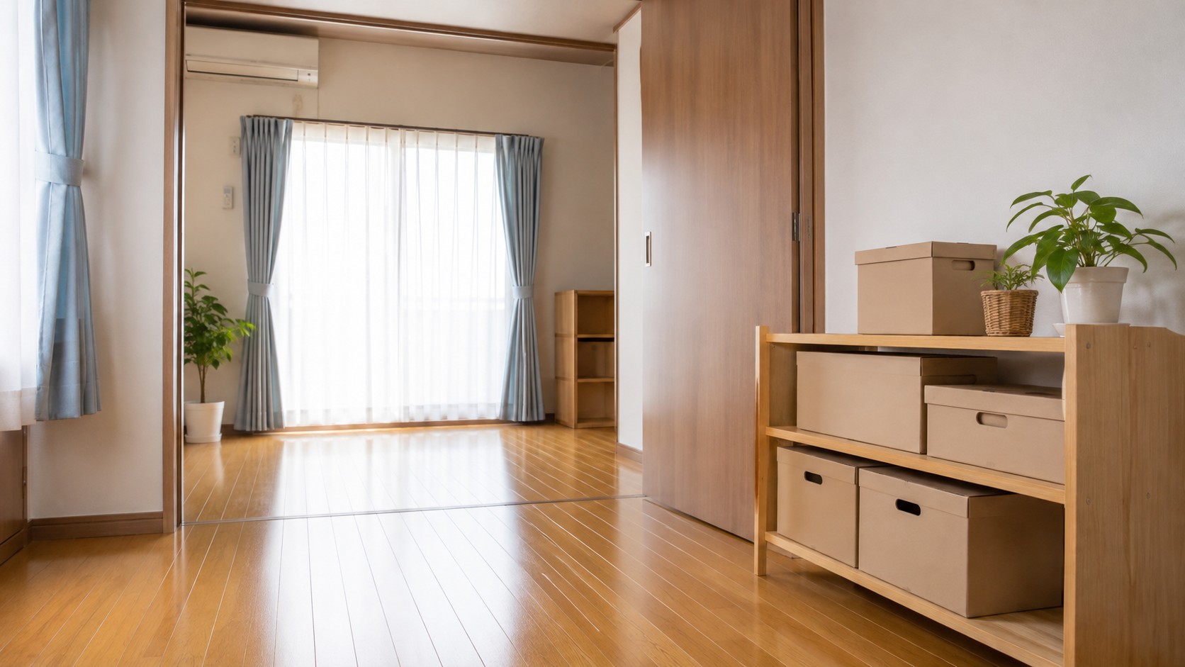 整理後に通路と棚が使いやすく整った明るい日本の住まいの説明用イメージ
