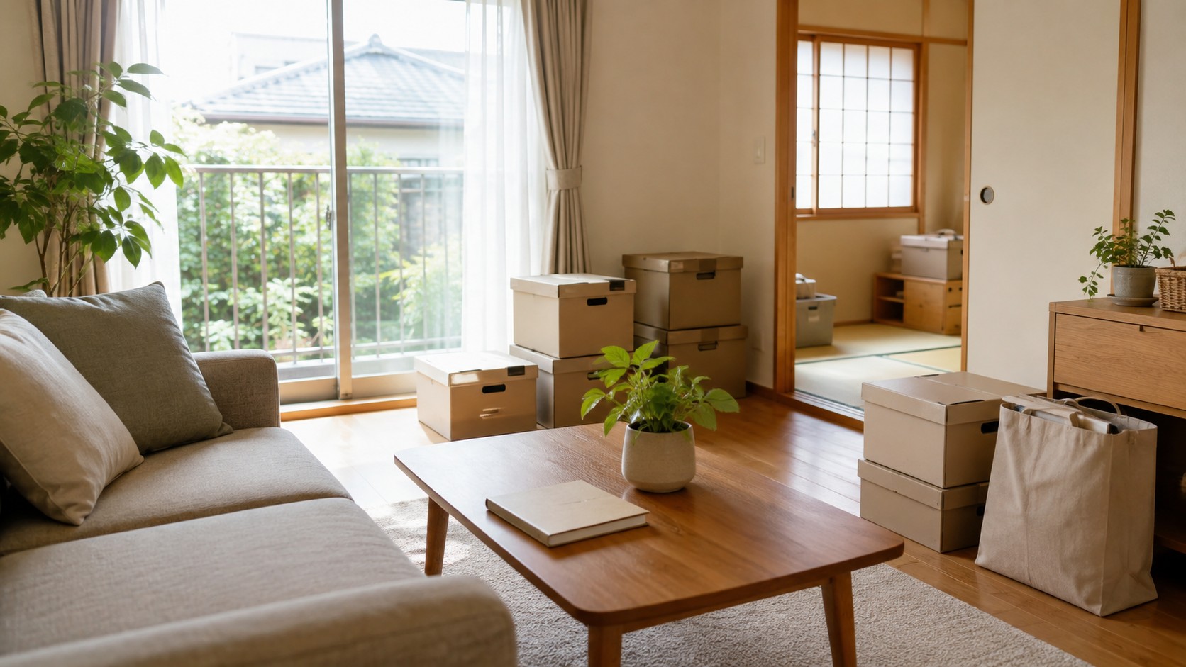名古屋市緑区の住まいで、住み替え前の持ち物確認に向けて箱とテーブルを整えた説明用イメージ