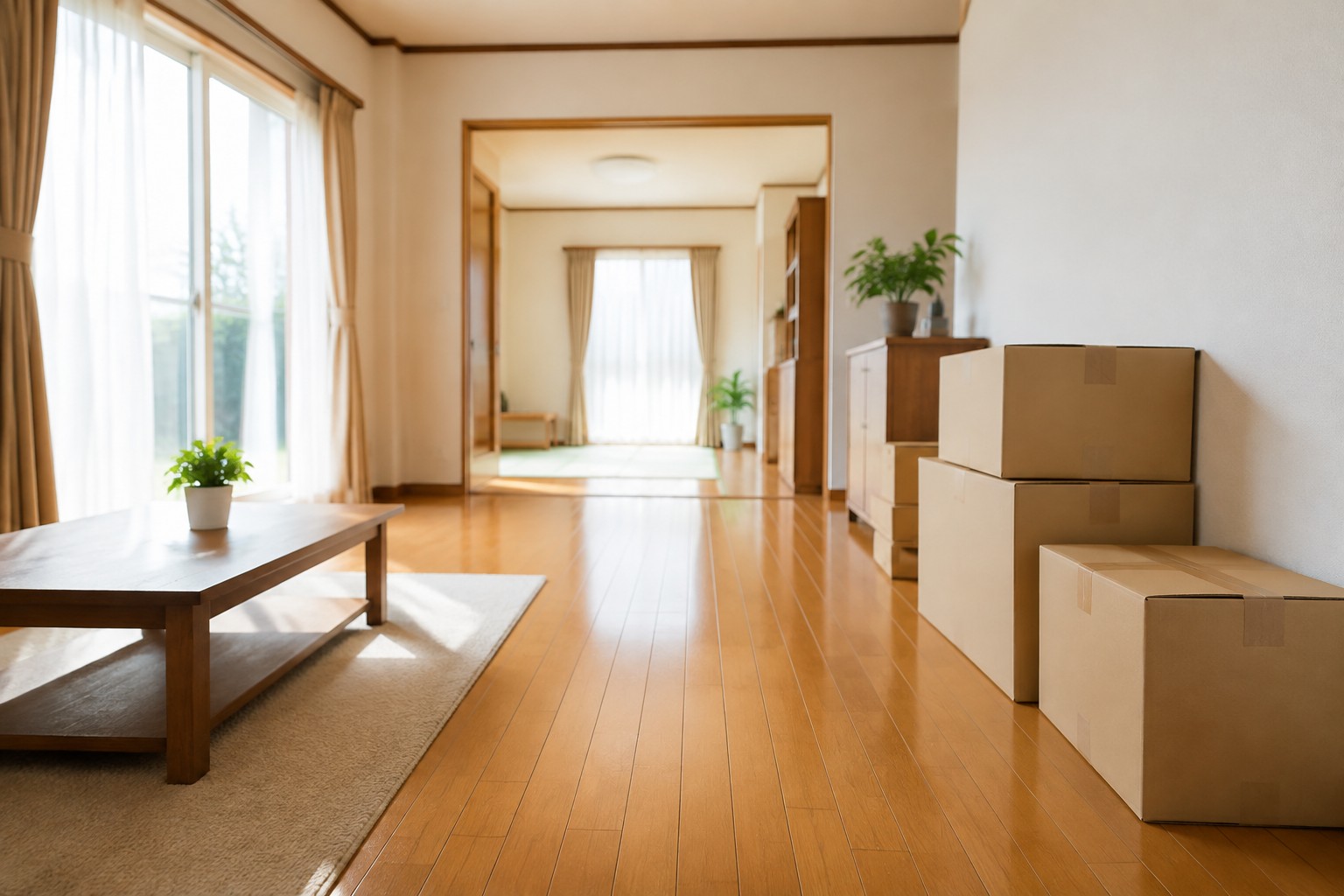 整理後に通路と棚が使いやすく整った明るい日本の住まいの説明用イメージ