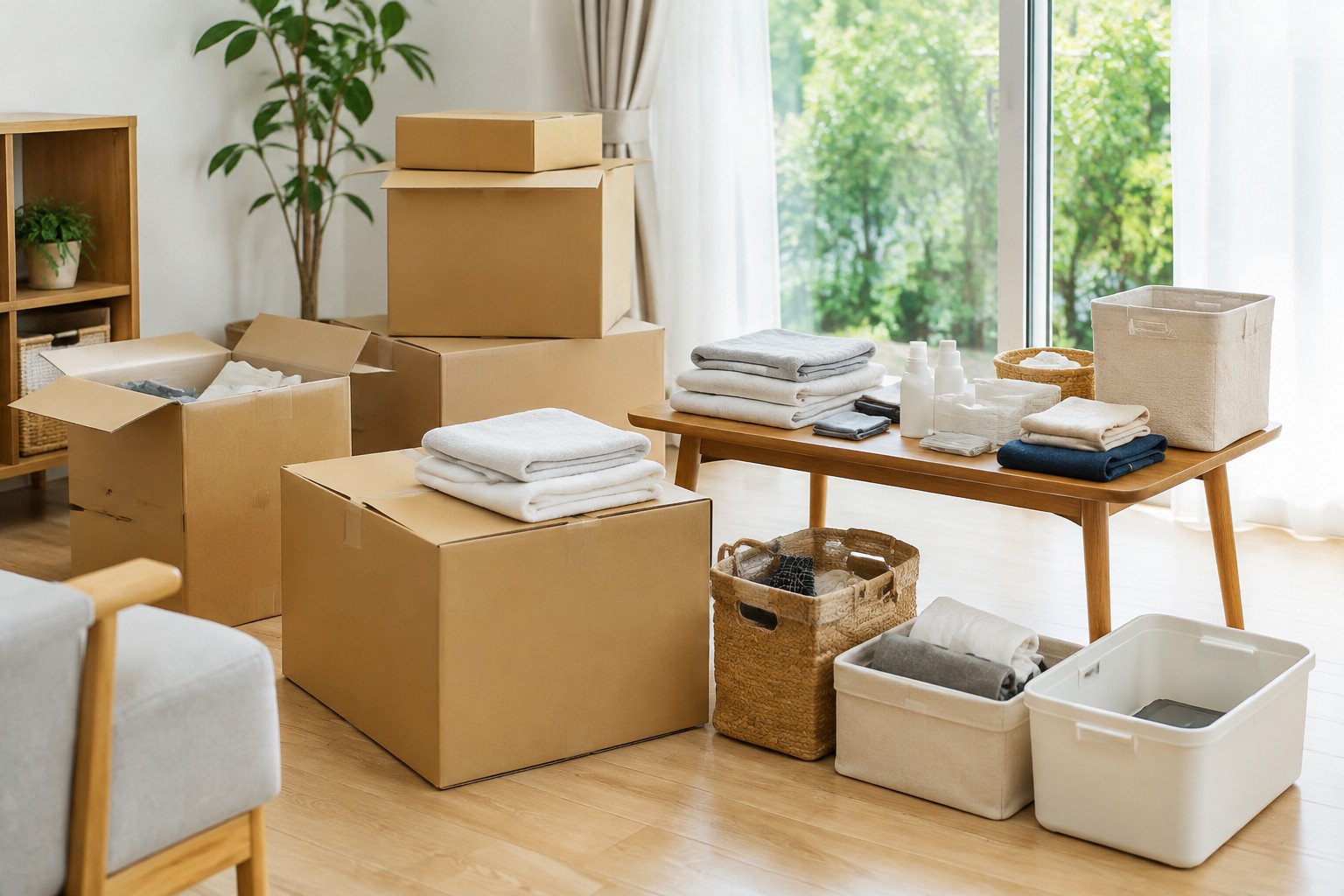 大治町の住まいで、引っ越し前の不用品整理に向けて箱とテーブルを整えた説明用イメージ