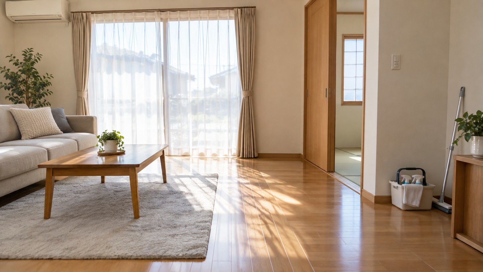 日本の住まいの洗面所で、洗面用品を無地のトレーに分けて清掃前の準備をする説明用イメージ