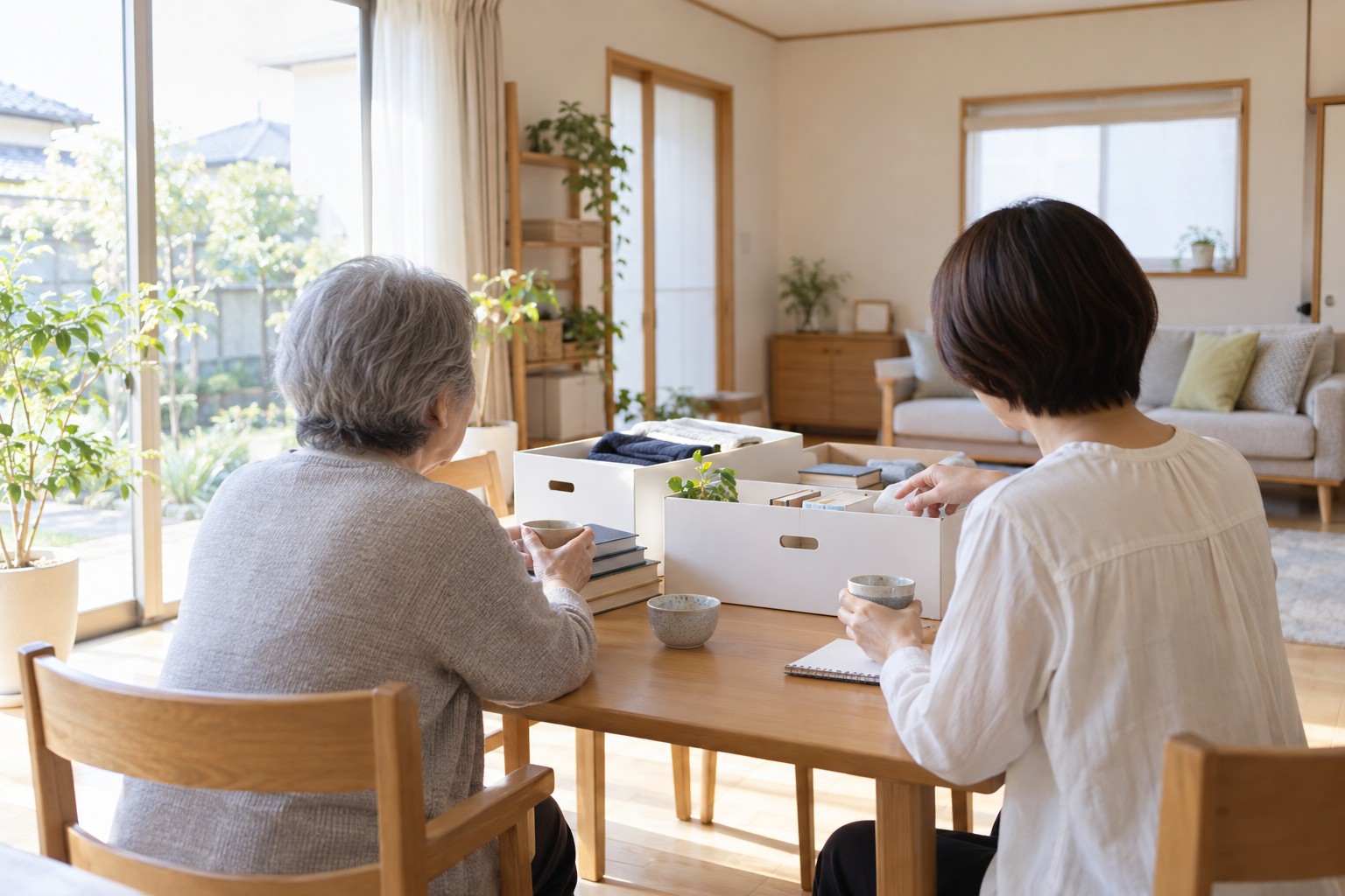 あま市の住まいで、住み替え前の持ち物について家族と話し合う生前整理の説明用イメージ