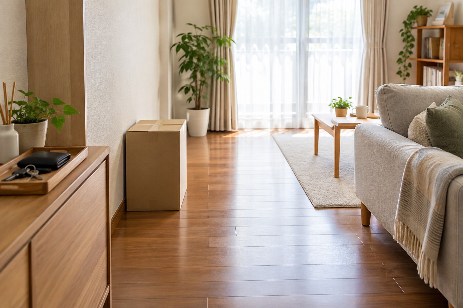 整理後に歩きやすい通路と必要な物だけが整えられた日本の住まいの居間の説明用イメージ