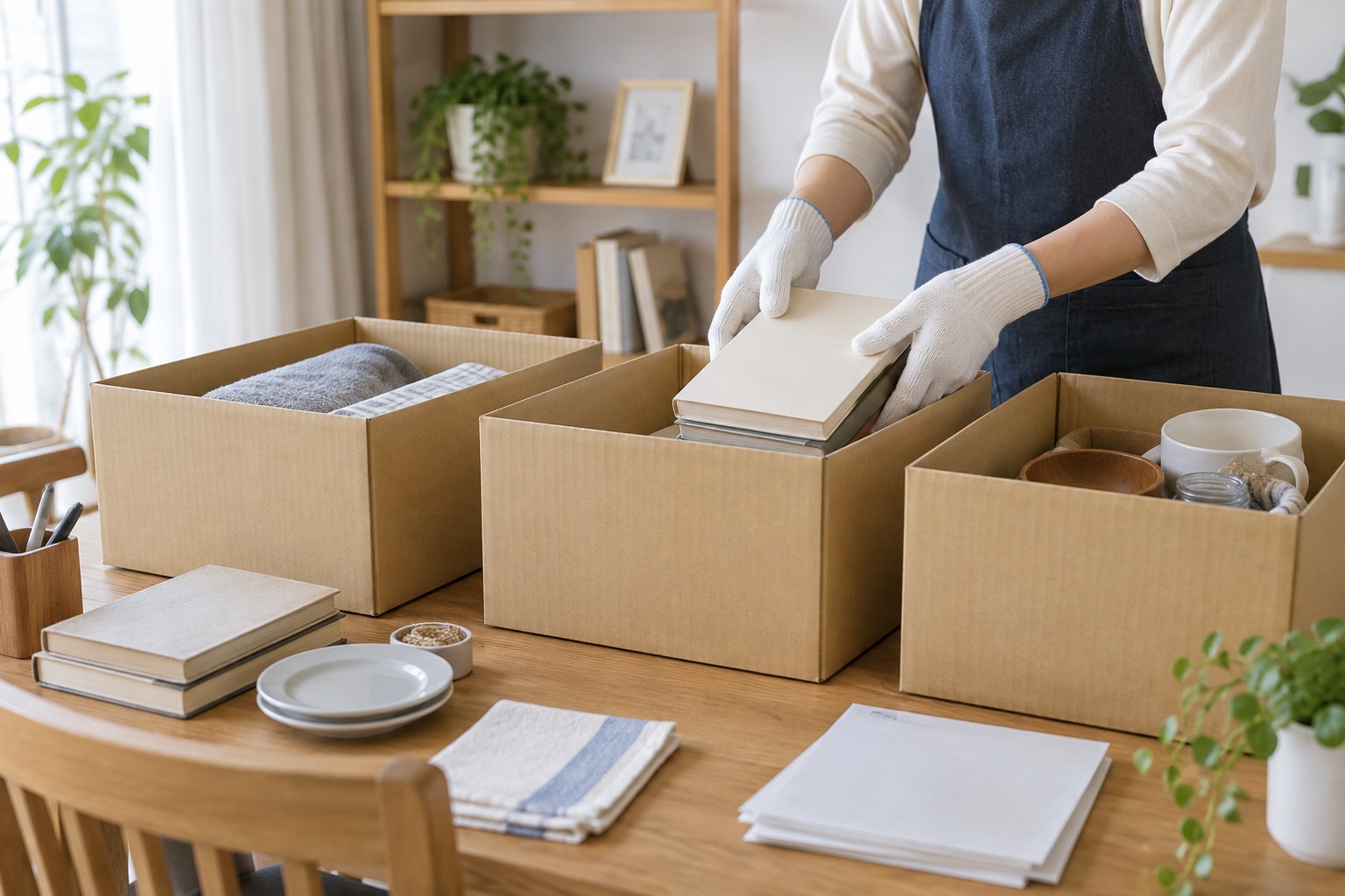 日本の住まいのテーブルで、手袋をした手が無地の箱へ生活用品を分ける片付けの説明用イメージ