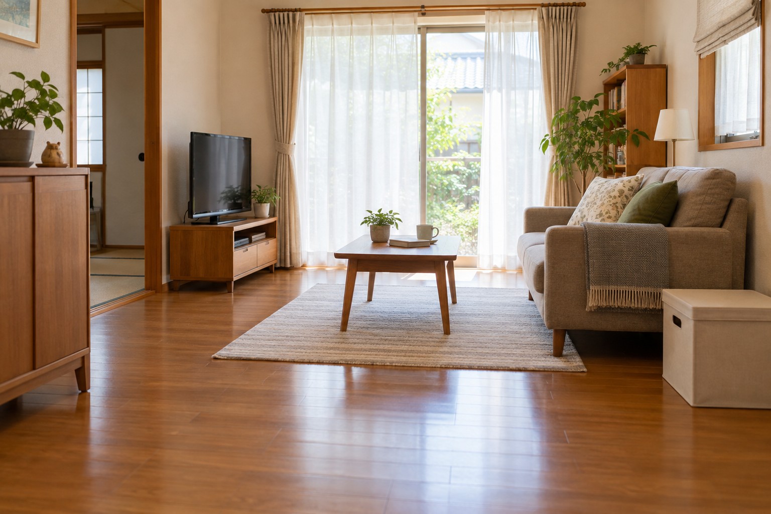 整理後に歩きやすい通路と必要な物だけが整えられた日本の住まいの居間の説明用イメージ
