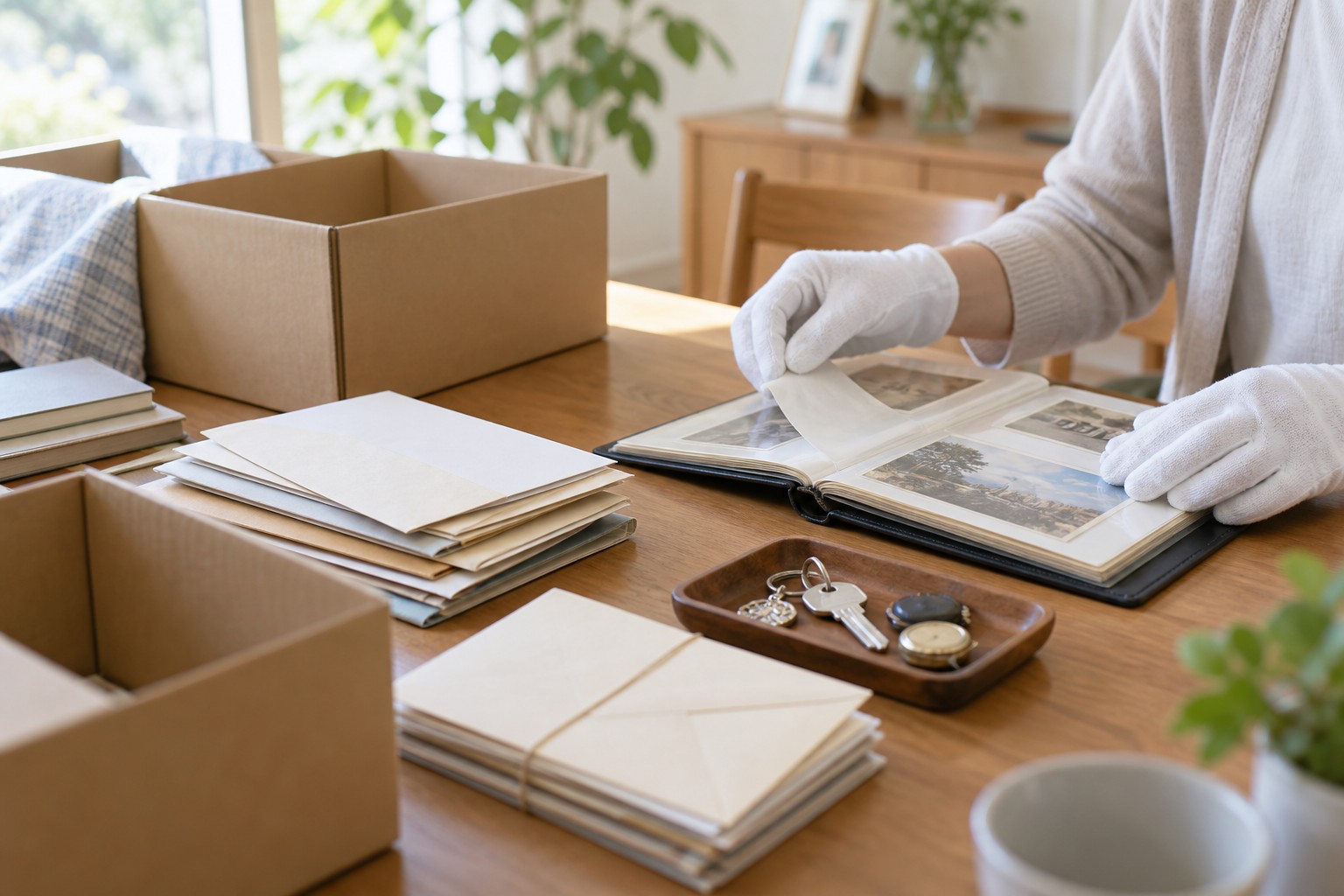 日本の住まいのテーブルで、手袋をした手が無地の箱へ生活用品を分ける片付けの説明用イメージ