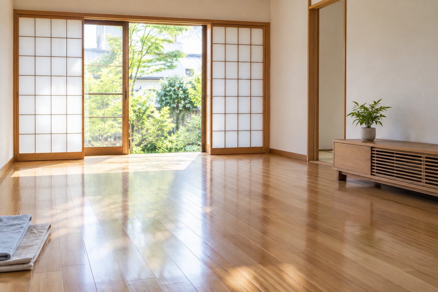 整理と清掃の後、窓から光が入る落ち着いた日本の住まいの居間の説明用イメージ