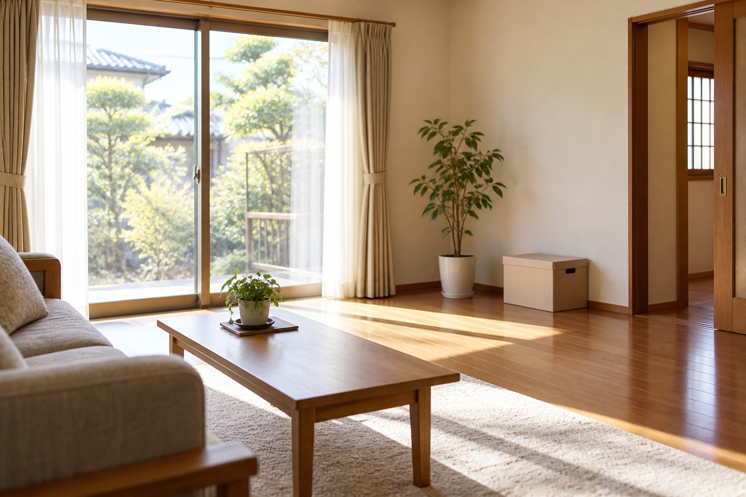 整理後に窓からやわらかな光が入る、日本の住まいの居間の説明用イメージ