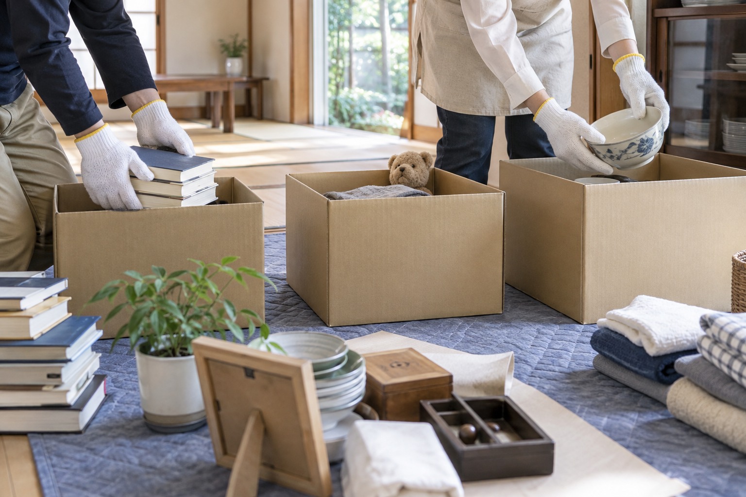 日本の住まいで、手袋をした手が遺品を無地の箱へ分ける作業準備の説明用イメージ